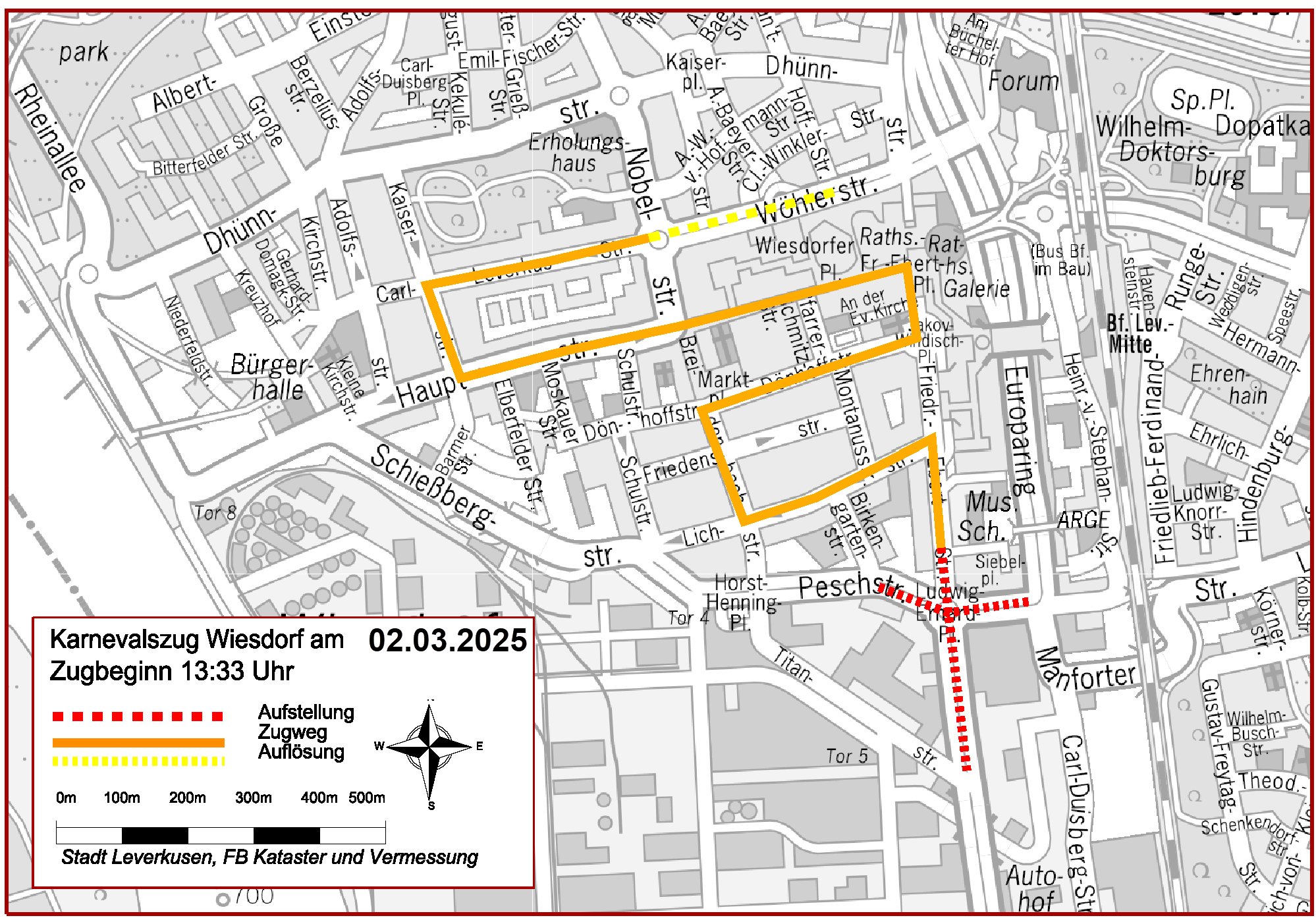 Plan des Zugweges des Karnevalszuges in Wiesdorf